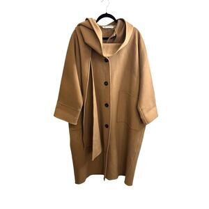 ZARA Peacoat Womens M-L Camel Tan Coat Hooded 100% Wool Oversized Full Button